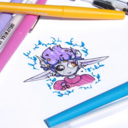 cat boy with orange hair, a collar with a large bell, a pastel pink, yellow, and blue sweater, posing. ring around the picture is of a pan and trans flag.